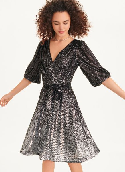 Black/Silver Women Dresses & Jumpsuits Dkny Long Sleeve Wrap Sequin Dress