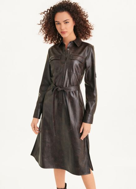 Women Dresses & Jumpsuits Brown Dkny Long Sleeve Faux Leather Dress