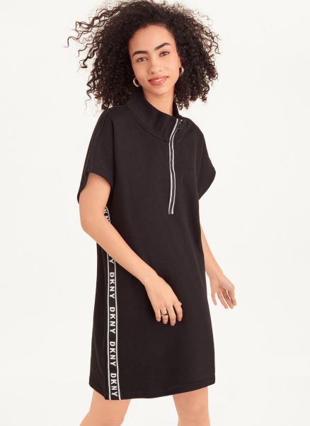 Dkny Women Sleeveless Cotton French Terry Dress With Logo Tape Black Dresses & Jumpsuits