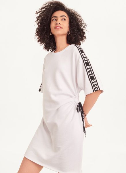 Women Dresses & Jumpsuits Dkny Short Sleeve Cotton French Terry Dress With Logo Tape Blanc De Blanc