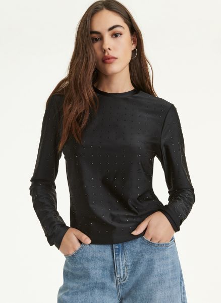 Long Sleeve Studded Tricot Top Dkny Women Tops Black