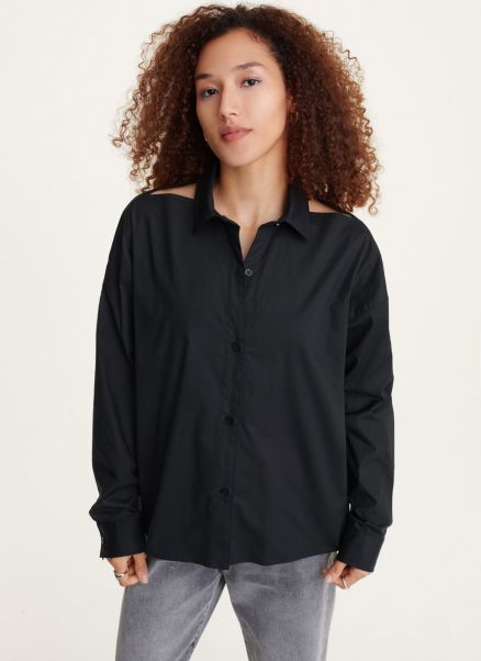 Women Black Dkny Long Sleeve Cutout Shirt Tops