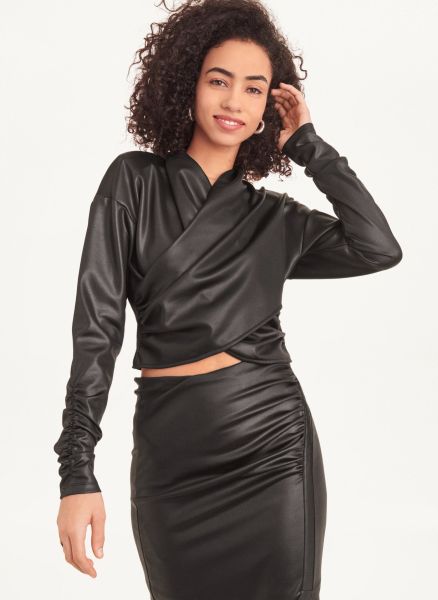 Dkny Women Black Long Sleeve Wrap Glazed Jersey Top Tops
