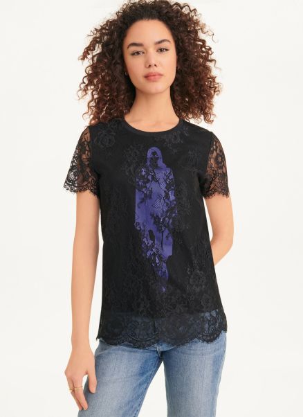 Dkny Tops Black Short Sleeve Lace Overlay T-Shirt With Fashion Girl Graphic Women