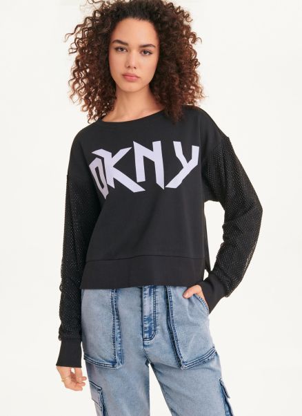 Long Sleeves Logo Sweatshirt With Crystal Mesh Overlay Sleeves Dkny Black Women Tops