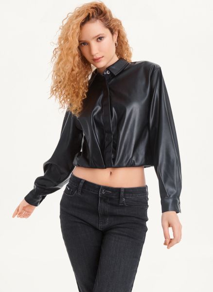 Faux-Leather Cropped Shirt Tops Black Dkny Women