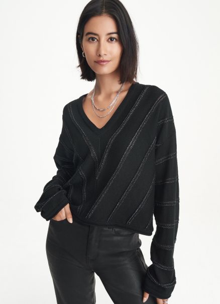 Tops Women Dkny Long Sleeve V-Neck Pointelle Chevron Sweater Black