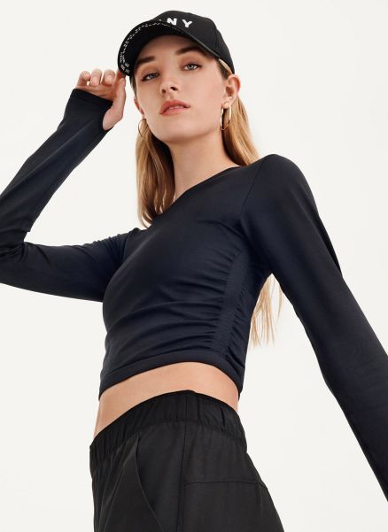 Seamless Long Sleeve Pullover With Ruched Side Seams Dkny Women Black Tees & Tanks