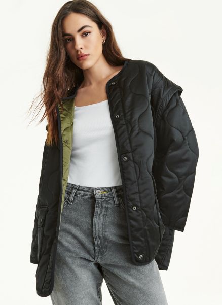 Women Jackets & Blazers Black Dkny Oversized Satin Quilted Box Jacket