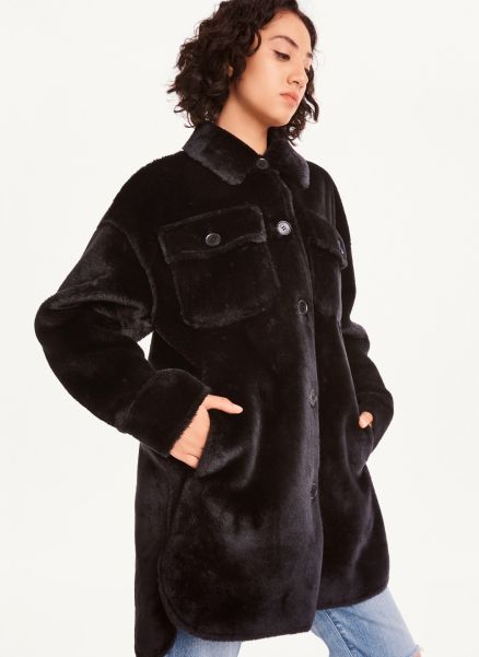 Women Black Dkny Faux Fur Shacket Jackets & Blazers