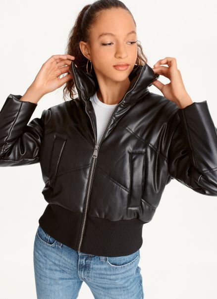 Black Faux Leather Cropped Bomber Women Jackets & Blazers Dkny