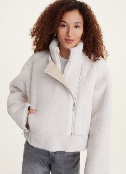 Dkny Women Cropped Faux Shearling Jacket With Satin Trim Outerwear Ivory