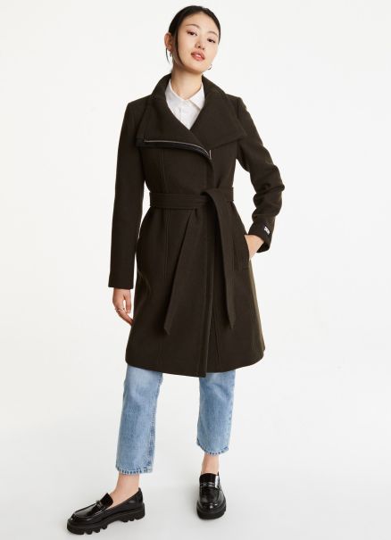Wrap Wool Coat With Leather Trim Women Outerwear Loden Dkny