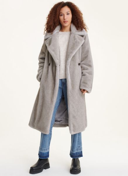 Women Grey Dkny Faux Mink Longline Coat Outerwear
