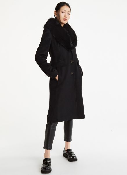 Wool Trench With Faux Fur Collar Outerwear Dkny Women Black
