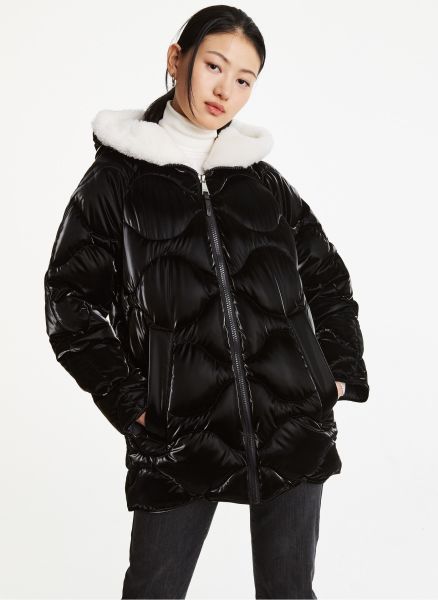 Dkny Women Outerwear Black Diamond Quilted Puffer With Faux Fur Zip Hood