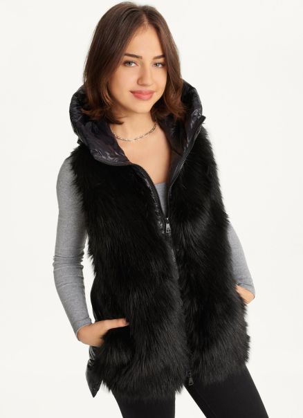 Hooded Puffer Vest With Faux Fur Front Dkny Women Black Outerwear
