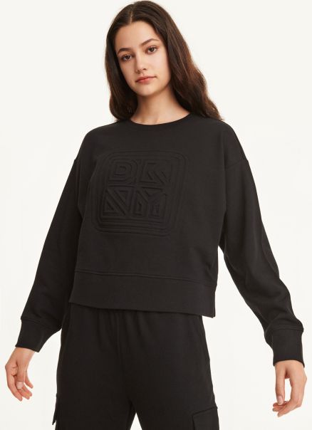 Women Cotton Jersey Crew With Logo Embossing Dkny Black Sweaters & Sweatshirts