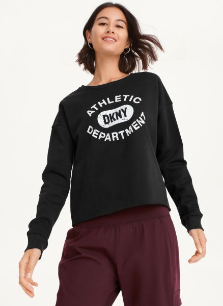 Black Women Sweaters & Sweatshirts Distressed Varsity Logo Raw Edge Crew Neck Pullover Dkny