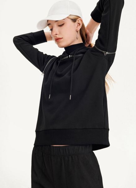Long Sleeve Zipper Shoulder Sweatshirt With Detachable Hood Women Black Dkny Sweaters & Sweatshirts