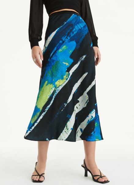 Dkny Limonata/Black Multi Pull On Print Satin Midi Skirt Skirts & Shorts Women