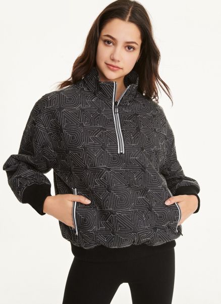 Women Jackets & Outerwear Dkny Black Mini Rip-Stop Half Zip W/ Logo Quilting And Reflective Zip