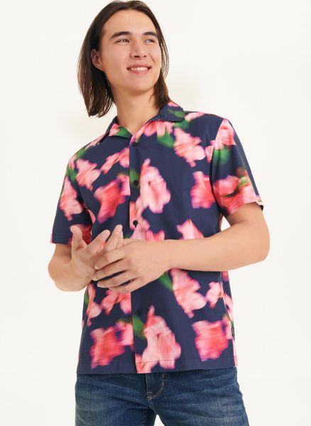 Dkny Shirts Short Sleeve Camp Shirt Blurred Floral Men Navy/Pink