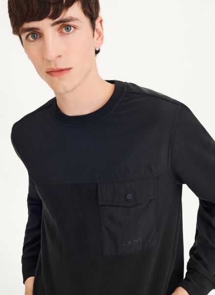 Dkny Men Mixed Media Pocket Long Sleeve Knit Shirts Black