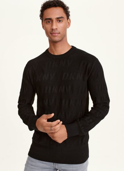 Black Long Sleeve Allover Logo Crew Dkny Men Sweaters & Sweatshirts