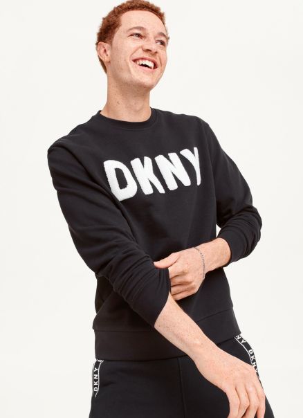 Men Dkny Chenille Logo Crewneck Black Sweaters & Sweatshirts