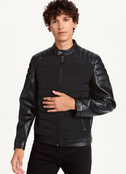 Men Outerwear & Jackets Black Faux-Leather Contrast Motocross Jacket Dkny