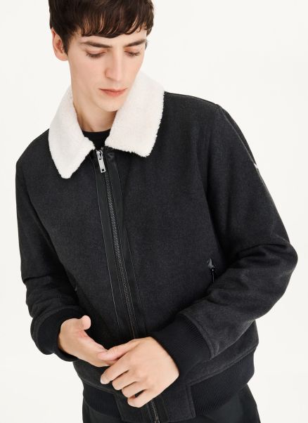 Dkny Wool Blend Bomber With Sherpa Collar Men Outerwear & Jackets Charcol