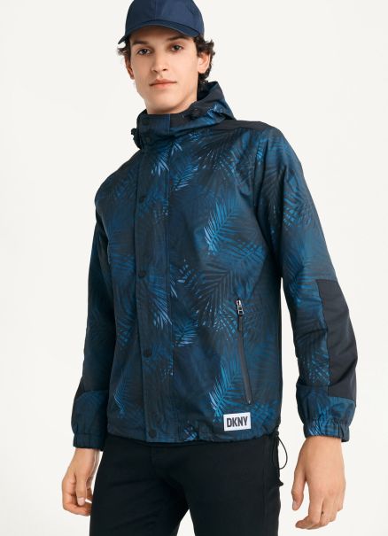 Printed Nylon Wild Palm Hooded Rain Jacket Outerwear & Jackets Dkny Navy Men